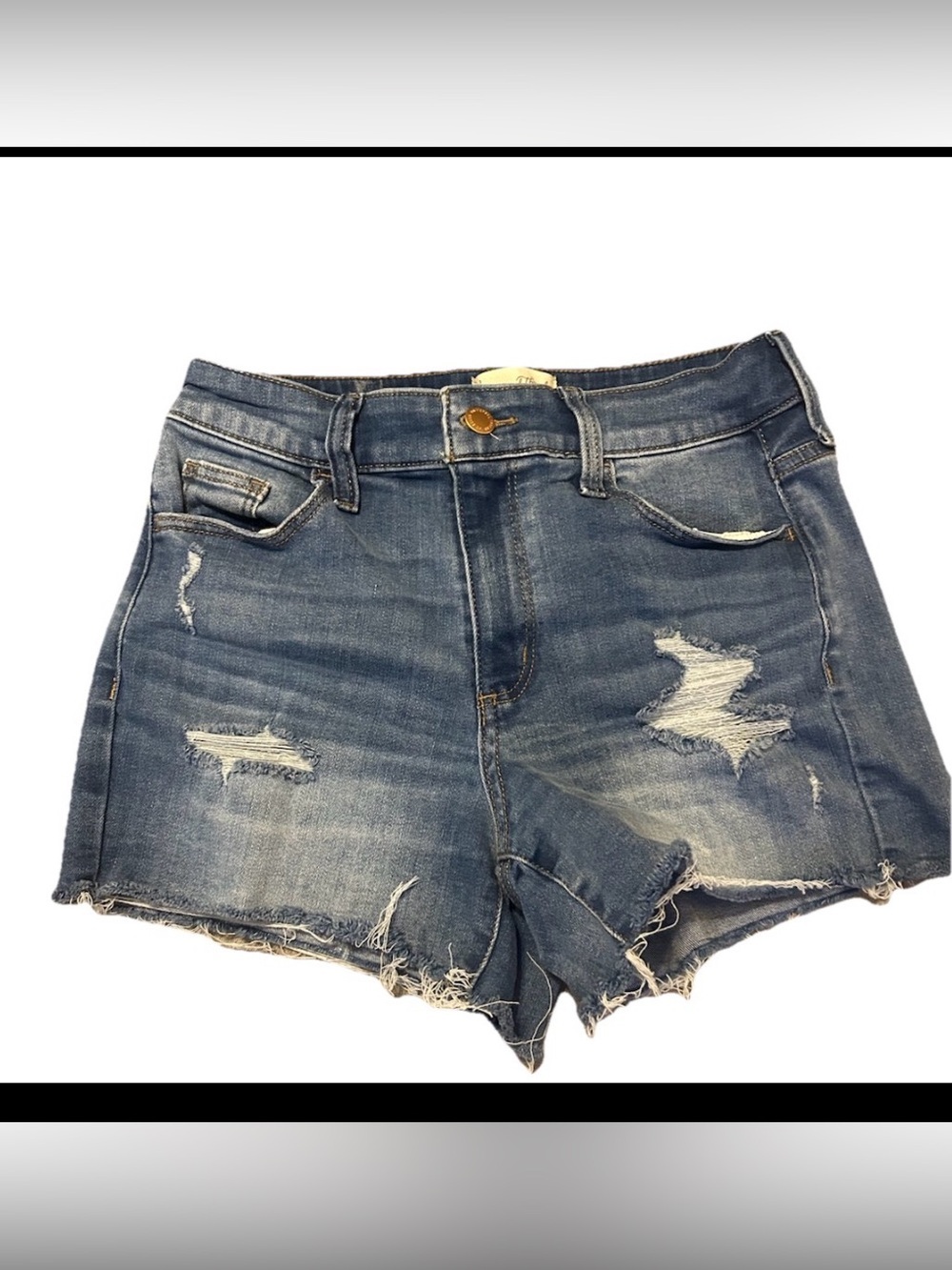 Women's Blue Denim High Rise Midi Cut Off Shorts 4 Regular 5-Pocket Button